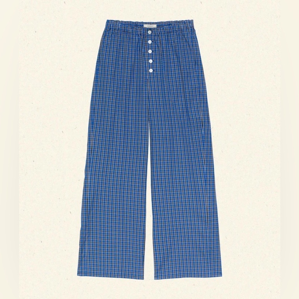 Doen Morgan Cotton Poplin Plaid Drawstring Pull On Baggy Pants Cassis Check Blue